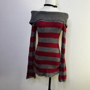 Vintage Y2K Striped Off the Shoulder Sweater Emo Scene Soft Girl Goth Witch S